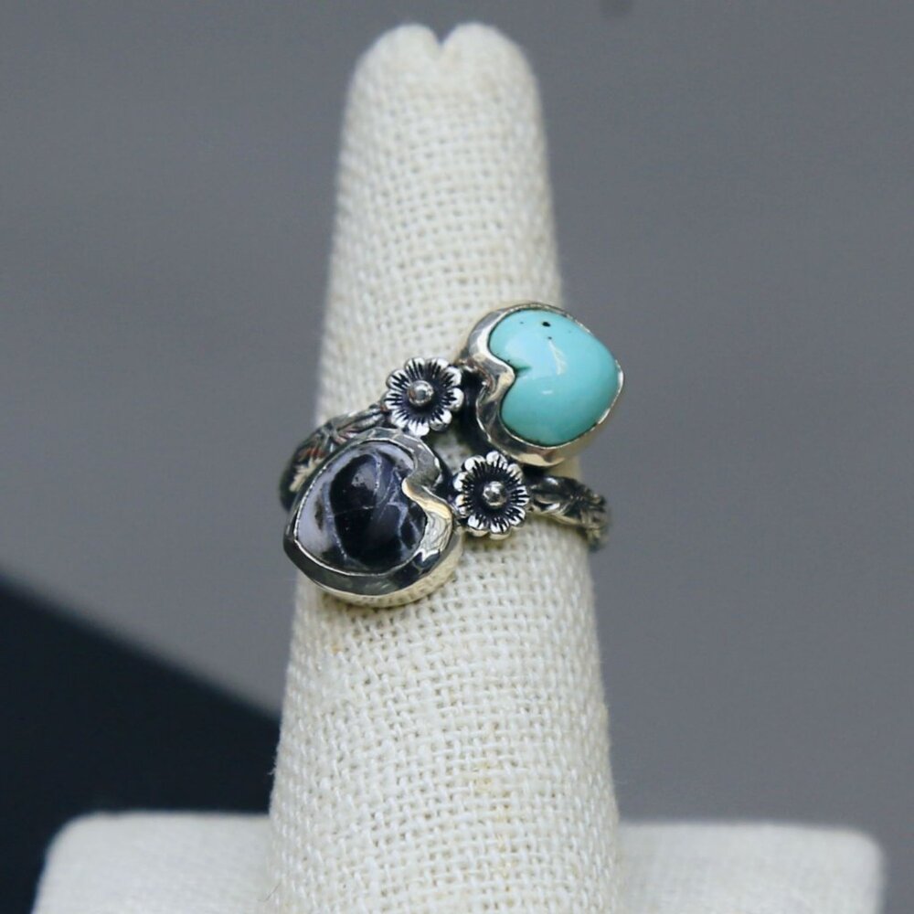 Artisan ✦ Tahoe Nevada Turquoise & White Buffalo Heart Ring ✦ 925 Bypass Size 7 - Picture 4 of 12